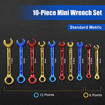 SPEEDWOX 10 Pcs Color Plated Open and Box End Mini Wrenches Color Coated Midget Wrench Set Mini Combination Wrench Set Metric with Portable Pouch and Large Ring（4-11mm） - style: Metric