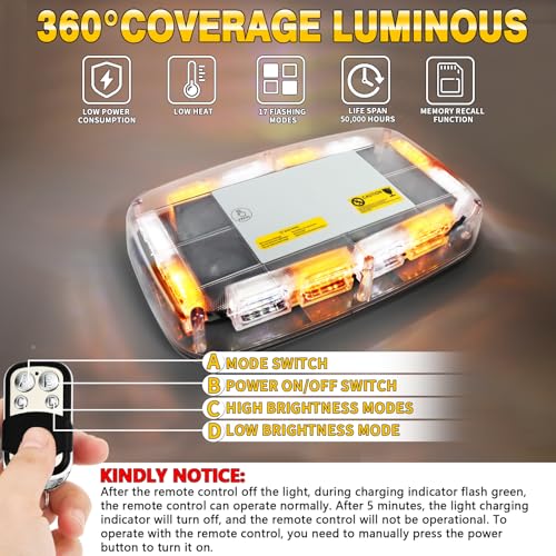 Rechargeable Amber White Emergency Roof Top Strobe Light Wireless Battery, 17 Flashing Modes,High Low Brightness, Warning Lights with Magnetic Base for Construction Vehicles, Trucks, Snow Plow