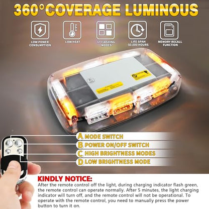 Rechargeable Amber White Emergency Roof Top Strobe Light Wireless Battery, 17 Flashing Modes,High Low Brightness, Warning Lights with Magnetic Base for Construction Vehicles, Trucks, Snow Plow