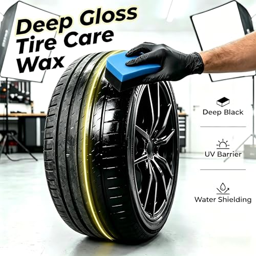 Shiny Black Tire Renovator, The Perfect Deep Black Shine - Long Lasting Car Tire Dressing - No Sling & Dry to Touch, Kit with Applicator and waxing Gloves