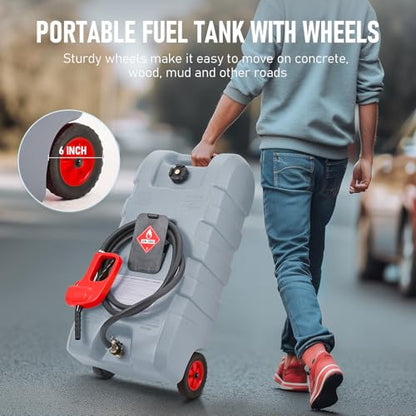 15 Gallon Gas Can, Fuel Tank Container with LE Fluid Transfer Manual Siphon Pump & 10FT Hose, Portable Diesel Gas Storage Caddy with Wheels for Car, ATV, Weeder, Boat, etc., Grey - color: Grey