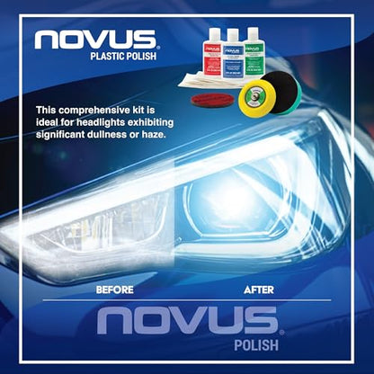 NOVUS Clear in Five Headlight Restoration Kit | 2 Ounce #1, 2, & 3 Bottles, Buffing Pad, Backing Pad Drill Attachment, 1,000 Grit Sanding Disk, 3 Polish Mates - size: NOVUS Headlight Restoration Kit