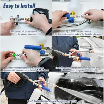 Foam Cannon Dual Connector for Pressure Washer | Double Tip Attachment for Soap Cannon, Pressure Washer Gun and 7 Power Washer Sprayer Nozzles Tips for Car Wash Kit