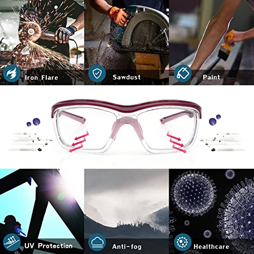 UKNOW Safety Glasses Anti Fog, Eye Protection with Clear UV Protection Lenses & Side Shields, ANSI Z87.1 Protective Eyewear - color: Burgundy Red