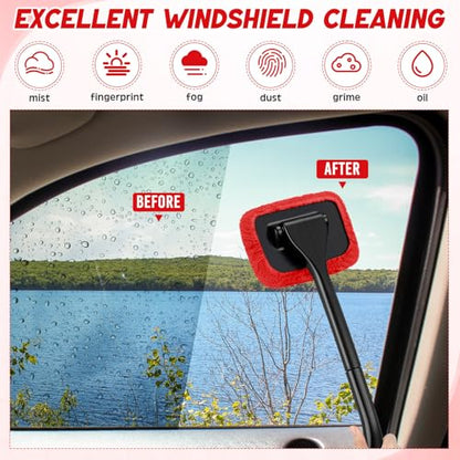 FoldTier 8 Pcs Car Windshield Cleaner Tool Kit with Removable Handle, Microfiber Towel Pads, Brush, Empty Spray Bottle for Auto Glass Wiper Suvs Rvs & Home Windows(Red) - color: Red