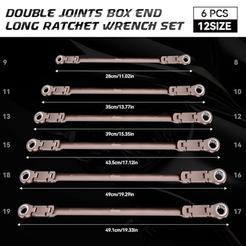 DISEN Upgraded Double Jointed Extra Long Flex Head Ratchet Wrench Set, 6 PCS Metric 8-19mm Box End Ratcheting Wrench set with Magnetic Pickup Tool, 72-Teeth, Cr-V Steel,12 Point, Grey Nickel - size: Double Jointed Set (Black Nickel)