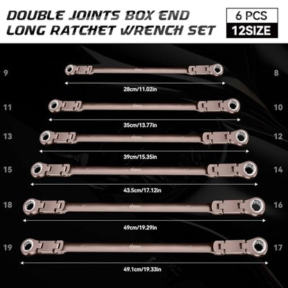 DISEN Upgraded Double Jointed Extra Long Flex Head Ratchet Wrench Set, 6 PCS Metric 8-19mm Box End Ratcheting Wrench set with Magnetic Pickup Tool, 72-Teeth, Cr-V Steel,12 Point, Grey Nickel - size: Double Jointed Set (Black Nickel)