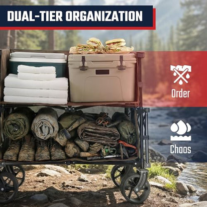 Sekey 500LBS Heavy Duty Double Decker Wagon with Extender, 400L Large Capacity Collapsible Garden Cart Fits 10x10 Canopy, All-Terrain Big Wheels with Brakes, Foldable Utility Wagon for Sports, Camping - color: Khaki