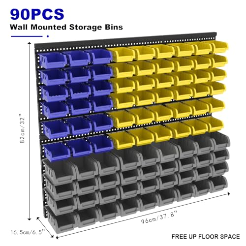 Wall Mounted Storage System 90PCS - Heavy-Duty Plastic Bins for Garage，Home, Closet & Bedroom Organization, Rack Holds Nuts, Bolts, Tools, Hardware - color: 30blue+30yellow+30grey