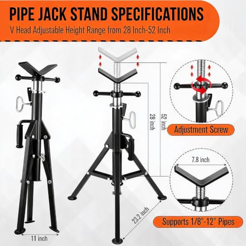 Garvee 2PCS V Head Pipe Jack Stand, Folding Portable Pipe Stands for 1/8 to 12 Inch Pipes Supporting, 2500LB Load, 28''-52'h Adjustable - color: black