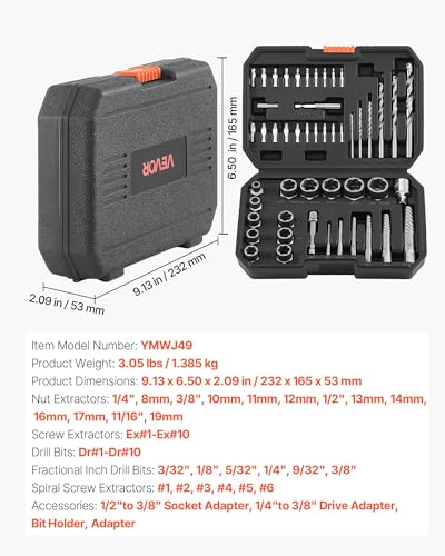 VEVOR 49-Piece Bolt Extractor Kit and Easy Out Screw Extractor Set, Lug Nut Removal Tool with Drill Bit Set for Removing Damaged, Frozen, Broken, Rusted, Rounded-Off Bolts, Nuts & Screws, Adapters - size: 49 PCS