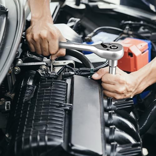 Prostormer Drive Socket Wrench Set, 46-Piece 3/8'' Ratcheting Wrench Set | with 72 Tooth Ratchet, Universal Joint, Extension Bars for Home and Automotive Repair