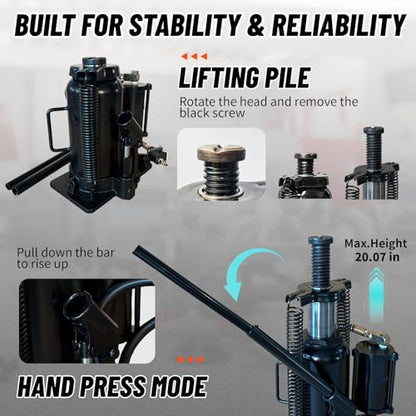 20 Ton Low Profile Air Hydraulic Bottle Jack with Air-Powered or Manual Operation, One-Piece Hydraulic Cylinder Design, Air Bottle Jack with Independent Air Pump Body and Carry Handle - color: Black