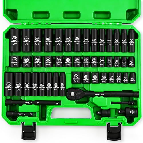 SWANLAKE 3/8'' Drive Impact Socket Set, 50-Piece Standard SAE (5/16 to 3/4 inch) and Metric (8-22mm) Size, 6 Point, Cr-V, 3/8-Inch Ratchet Handle, Extension Bar, Universal Joint - style: 3/8'' 50PCS