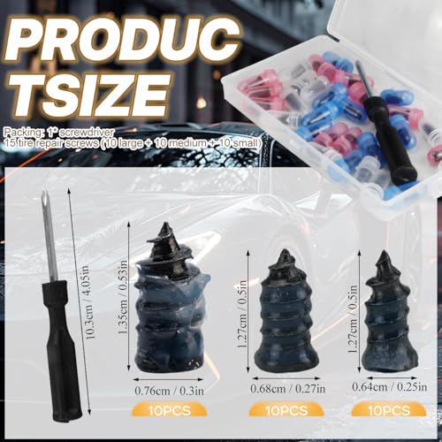 Tire Plug Screws Kit Tire Repair Rubber Studs with Screwdriver 3 Size Mending Nail Plugs Tyre Repair 30 Count - size: 3 Size 30 Count
