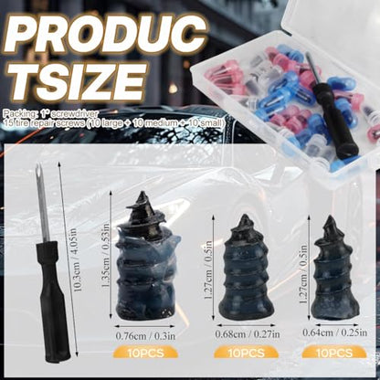 Tire Plug Screws Kit Tire Repair Rubber Studs with Screwdriver 3 Size Mending Nail Plugs Tyre Repair 30 Count - size: 3 Size 30 Count
