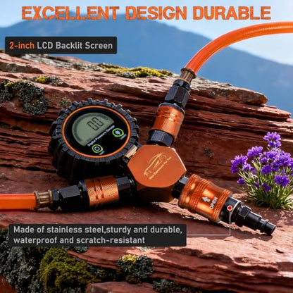 4 Tire Inflation Deflation System W/300PSI Digital Pressure Gauge | Fits up to 200" Wheelbase, Plastic Carry Box & Heavy Duty Hoses, Fits Truck, Car, Trailer, Motorcycle Offroad Vehicles,Orange - color: Orange