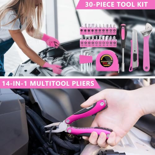 Car Emergency Kit with Portable Air Compressor - Roadside Assistance Emergency Kit with Jumper Cables, First Aid Kit, Auto Tool Set, Winter Safety Kit for Women, Men, Teen (Pink) - color: Pink
