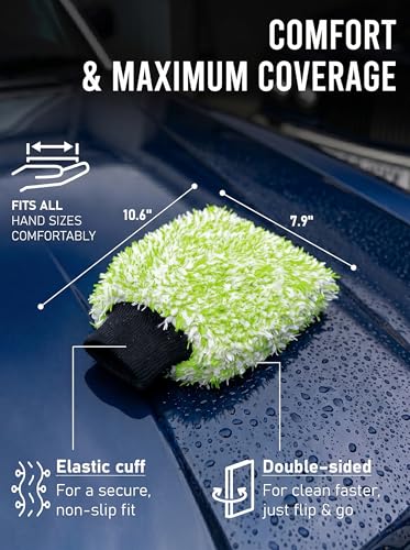 TAKAVU Car Wash Mitt, 2 Pack Microfiber, Scratch-Free (Green & White) | Soft Lint-Free Wash Gloves Hold Sudsy Water for Auto Detailing, Machine Washable, Safe on Paint & Coat - color: Green