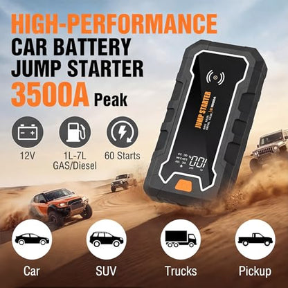 Cros 3500A Car Battery Jump Starter, 24000mAh Battery Booster Pack with Wireless Charger, 12V Portable Jump Box Jumper Starter for Up to 9.0L Gas & 7.0L Diesel Engines, Power Bank & LED Flashlight