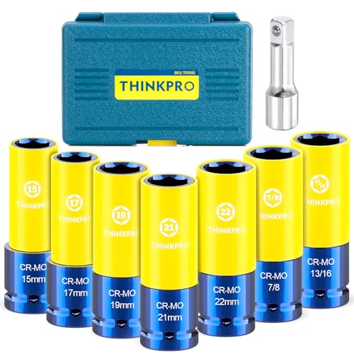 Impact Lug Nut Socket,8 Pieces Thin Wall Impact Sockets | Non-Marring Impact Socket Set,1/2 Deep Wheel Protector Metric 15 17 19 21 22 MM & SAE 13/16 7/8 in.Cr-Mo Steel