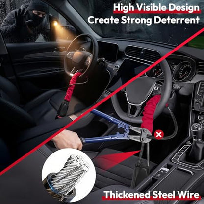 Car Steering Wheel Lock, 2PC Car Anti Theft Device, Seat Belt Lock | Thickened Steel Wire, Max 17” Locking Length, Easy Storage, 3 Keys per set, Fits Most Vehicles, Trucks, SUVs, Vans - color: yellow and red
