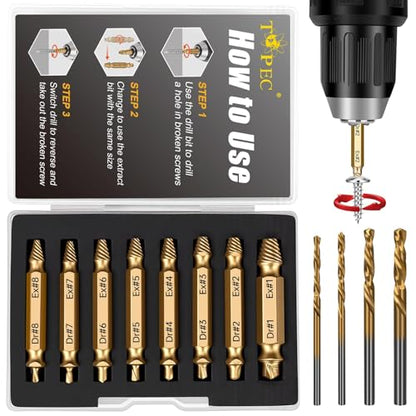 Topec 12 PCS Stripped Screw Extractor Set, Gift for Men, Easy Out Screw Extractor Set and Drill Bits for Remove Stripped, Rusty, Broken Head Nuts & Bolts - size: 12 Pieces