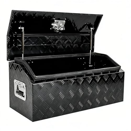 Aluminum Trailer Tongue Tool Box, 30 Inch A-Frame Trailer Toolbox with 5 Bar Diamond Plate, Dome Lid, Gas Strut, Lock & Keys, Weatherproof Trailer Storage Box for Pickup Truck Flatbed RV - color: Black, size: 30" x 13" x 13" - 5 Bar