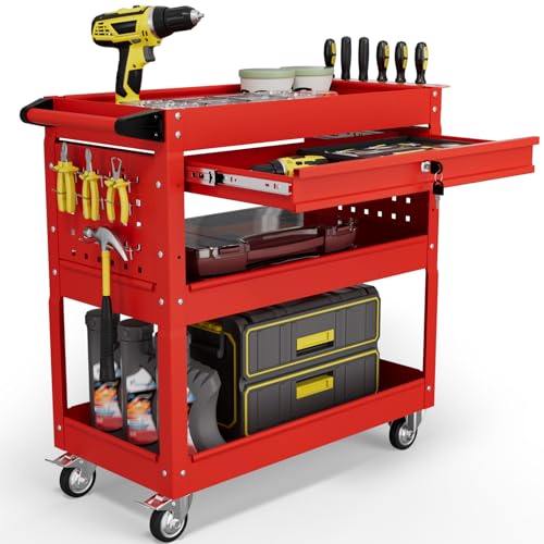 3 Tier Tool Cart on Wheels with Drawers - Three Tier Rolling Cart with Lockable Storage - Mechanic Tool Chest - Tool Chest with Wheels Used in Garage, Indoors, Workshop (Red) - color: Red