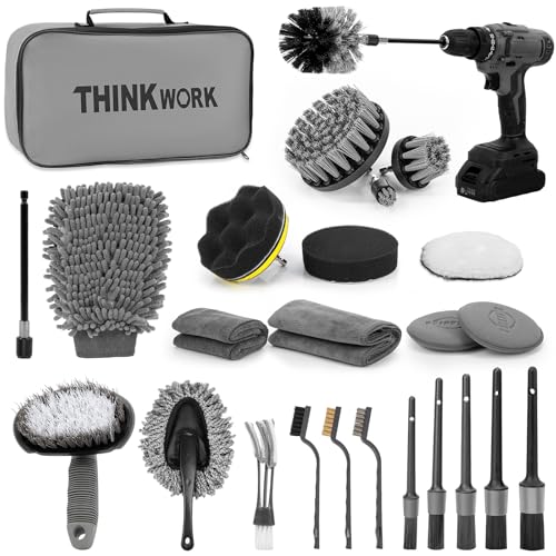 THINKWORK Car Detailing Kit, Car Detailing Brush Set, Car Cleaning Drill Brush Kit with Extension Pole, Professional Auto Detailing Supplies for Automobile Interior Exterior Wheels - size: 27PCS