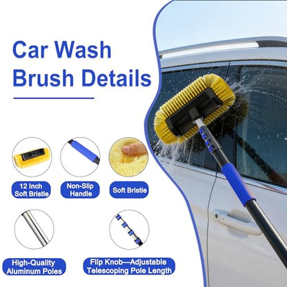 18FT Reach Car Wash Brush with Long Handle, 3 to 12 FT Car Cleaning Brush with Soft Bristle, Aluminium Telescoping Pole for Solar Panel, House Siding, SUV, Cars, Trucks, RV, Floors, Navy