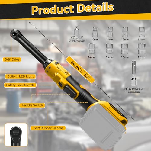 3/8" Cordless Ratchet Wrench for Dewalt 20V Battery, 60 Ft-lbs(81 N.m) Electric Ratchet Set with Extended Head, Variable Speed, 3/8" to 1/4" Adapter, LED Light, 8 Socket Set (No Battery)