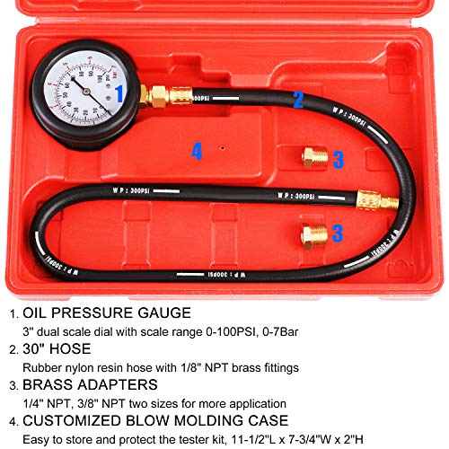 JIFETOR Oil Pressure Tester Kit, Professional Engine Diagnostic Test, 100PSI Pressure Gauge Tool with Hose Adapter for Truck Car ATV - color: Red Case