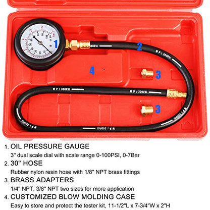 JIFETOR Oil Pressure Tester Kit, Professional Engine Diagnostic Test, 100PSI Pressure Gauge Tool with Hose Adapter for Truck Car ATV - color: Red Case