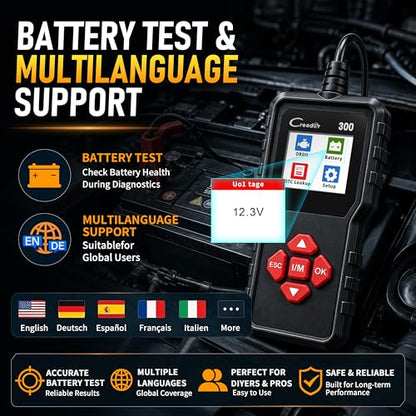 LAUNCH Creader 300 OBD2 Code Reader, Diagnostic Scanner with Battery Test | Full 10 OBDII Modes, Read & Clear DTCs, Live Data, VIN, Freeze Frame & I/M Readiness