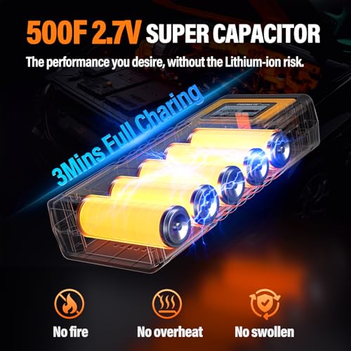 Car Jump Starter 800A for 12V Gas Diesel Engines Non-li Battery | Made of Super Capacitor; Non-li Battery Jump Starter; 12V Portable Jump Starter for Car Battery, Yellow
