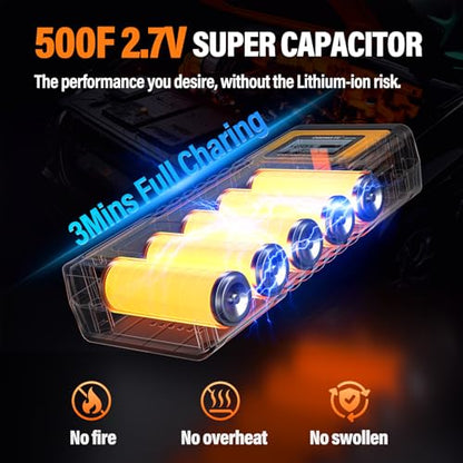 Car Jump Starter 800A for 12V Gas Diesel Engines Non-li Battery | Made of Super Capacitor; Non-li Battery Jump Starter; 12V Portable Jump Starter for Car Battery, Yellow