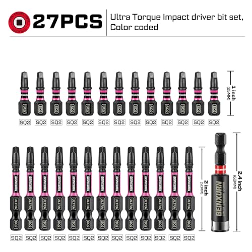 Geinxurn Impact #2 Square Screwdriver Bits Set, 26pcs 1” 2” SQ2 Magnetic S2 Steel Driver Bits Set and 1pc Impact Bit Holder with Color Coded Base - size: 27pcs-SQ-B
