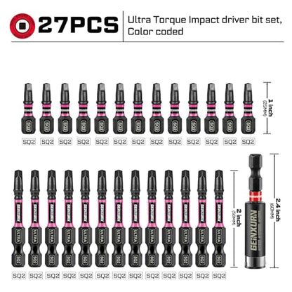 Geinxurn Impact #2 Square Screwdriver Bits Set, 26pcs 1” 2” SQ2 Magnetic S2 Steel Driver Bits Set and 1pc Impact Bit Holder with Color Coded Base - size: 27pcs-SQ-B