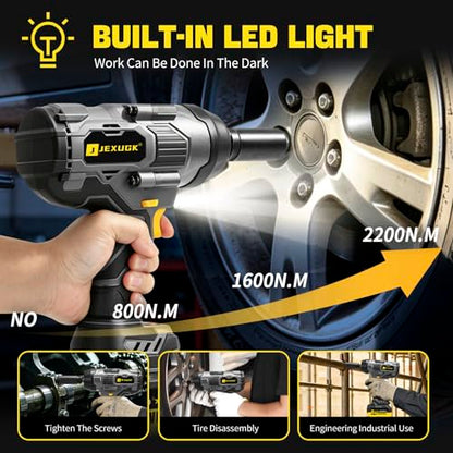 JEXUGK 2200Nm Cordless Impact Wrench, 1/2" Electric Impact Gun with 2 x 6.0Ah Batteries, 21V Brushless High Torque Impact Wrench with 5 Pneumatic Sockets, Impact Driver for Truck Tire Lug Nut Removal