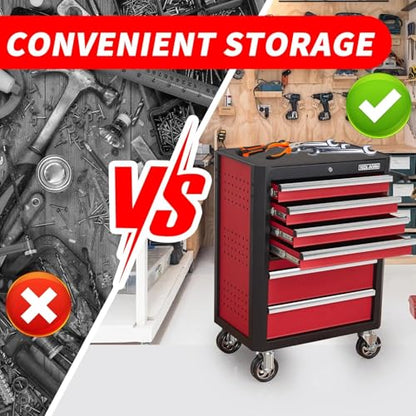 Upgrade 7-Drawer Rolling Tool Chest with Locking Wheels & Drawers, 18.5" D x 27.9" W x 39.5" H Mobile Tool Storage Cabinet, Heavy-Duty Garage Organizer w/Ergonomic Handle - color: Red and White