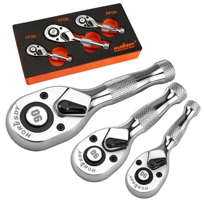 HORUSDY 3 Piece 90T Stubby Ratchet Handle Set, 1/4" 3/8" 1/2" Drive Mini Socket Wrench, Compact Reversible Ratchets for Tight Spaces, Car & Home Repair, DIY, Mechanic Tool - style: 1/4" 3/8" 1/2" Drive 90T Set