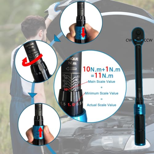 3/8 Inch Drive Click Torque Wrench Set, 11PCS Professional Torque Wrench Kit (5-60N.m), Auto Repair Tool with Spark Plug Sockets, Adapters & Extension Bar for Car, Motorcycle Maintenance