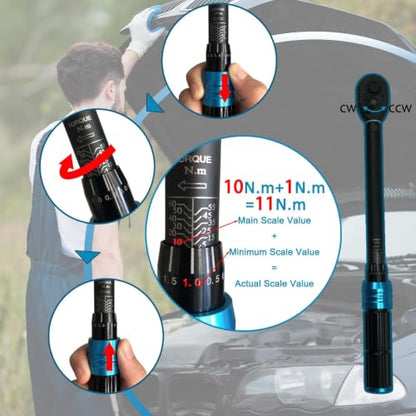 3/8 Inch Drive Click Torque Wrench Set, 11PCS Professional Torque Wrench Kit (5-60N.m), Auto Repair Tool with Spark Plug Sockets, Adapters & Extension Bar for Car, Motorcycle Maintenance