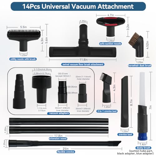 Universal Vacuum Attachments for Shop Vac, 2 1/2" to 1 1/4" Vacuum Hose Adapter, 1 7/8" to 1" Adapter Dust Brush Extension Wand Flexible Crevice Tool Attachment Kits for Shop Vac Accessories