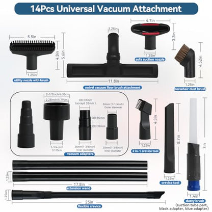 Universal Vacuum Attachments for Shop Vac, 2 1/2" to 1 1/4" Vacuum Hose Adapter, 1 7/8" to 1" Adapter Dust Brush Extension Wand Flexible Crevice Tool Attachment Kits for Shop Vac Accessories