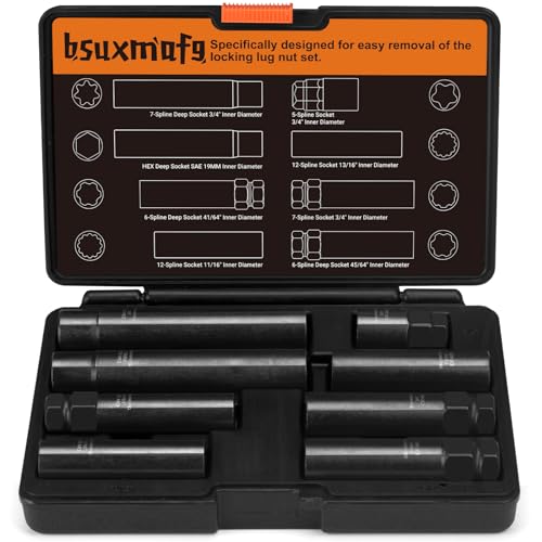 8Pcs Wheel Lock Removal Kit, Locking Lug Nut Master Key Set for Easily Removing Spline and Hex Style Aftermarket Wheel Lug Nuts, 5, 6, 7, 12 Spline and Spike Lug Nut Socket Key