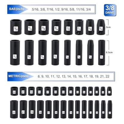 Mayouko 3/8” Drive Impact Socket Set, 50-Piece Standard SAE(5/16”-3/4”) and Metric Size(8-22mm), Deep & Shallow, 6 Point, CR-V, 72-Tooth Ratchet Wrench Handle, Extension Bars, Universal Joint