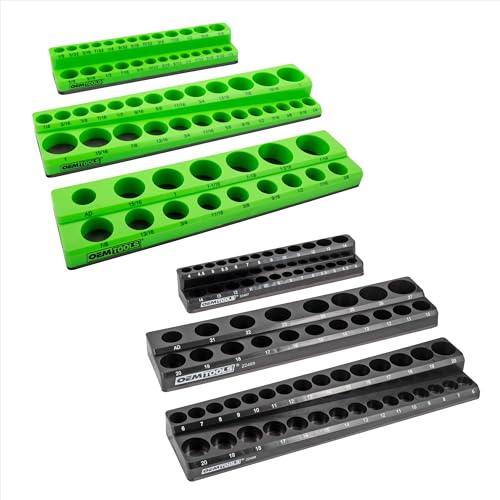 OEMTOOLS 22488 6 Pack Set Metric and SAE Magnetic Socket Tray Set, Black and Green Socket Organizers, 1/4, 3/8, 1/2 Inch Drive Socket Organizer Tray Set - style: Black and Green