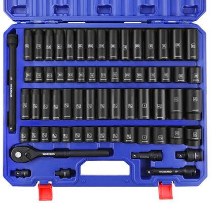 WORKPRO 1/2” Drive Impact Socket Set, 65PCS SAE(3/8”-1-1/4”) and Metric(10-24mm) Deep & Shallow Kit, Ratchet Handle, Extension Bar, Impact Universal Joint and Adapters for Automotive Repair - size: 65 PCS, Metric&SAE
